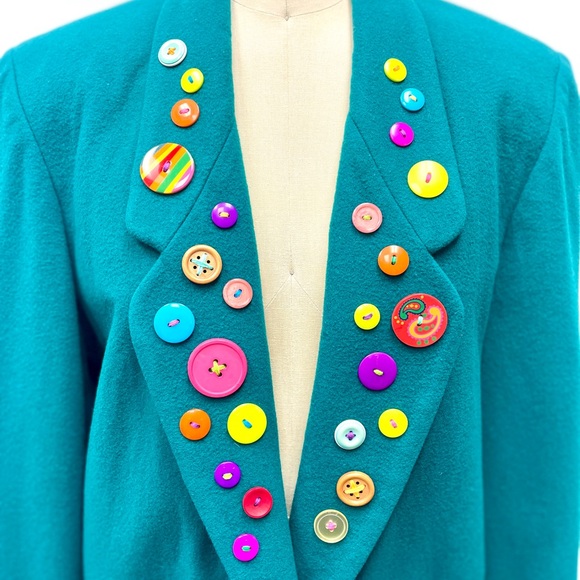 Vintage Customized American Eagle Outfitters Teal Blazer with Colorful Buttons - Picture 3 of 6